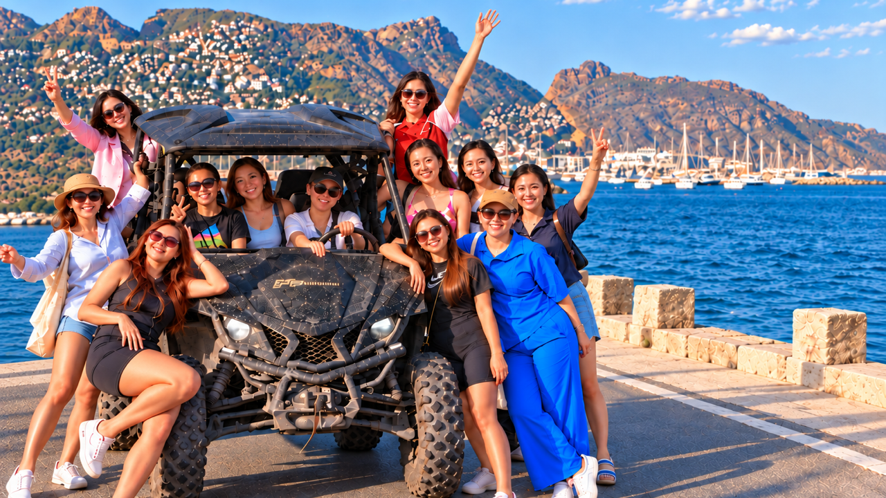 Hen party group posing with a buggy on a Benidorm tour